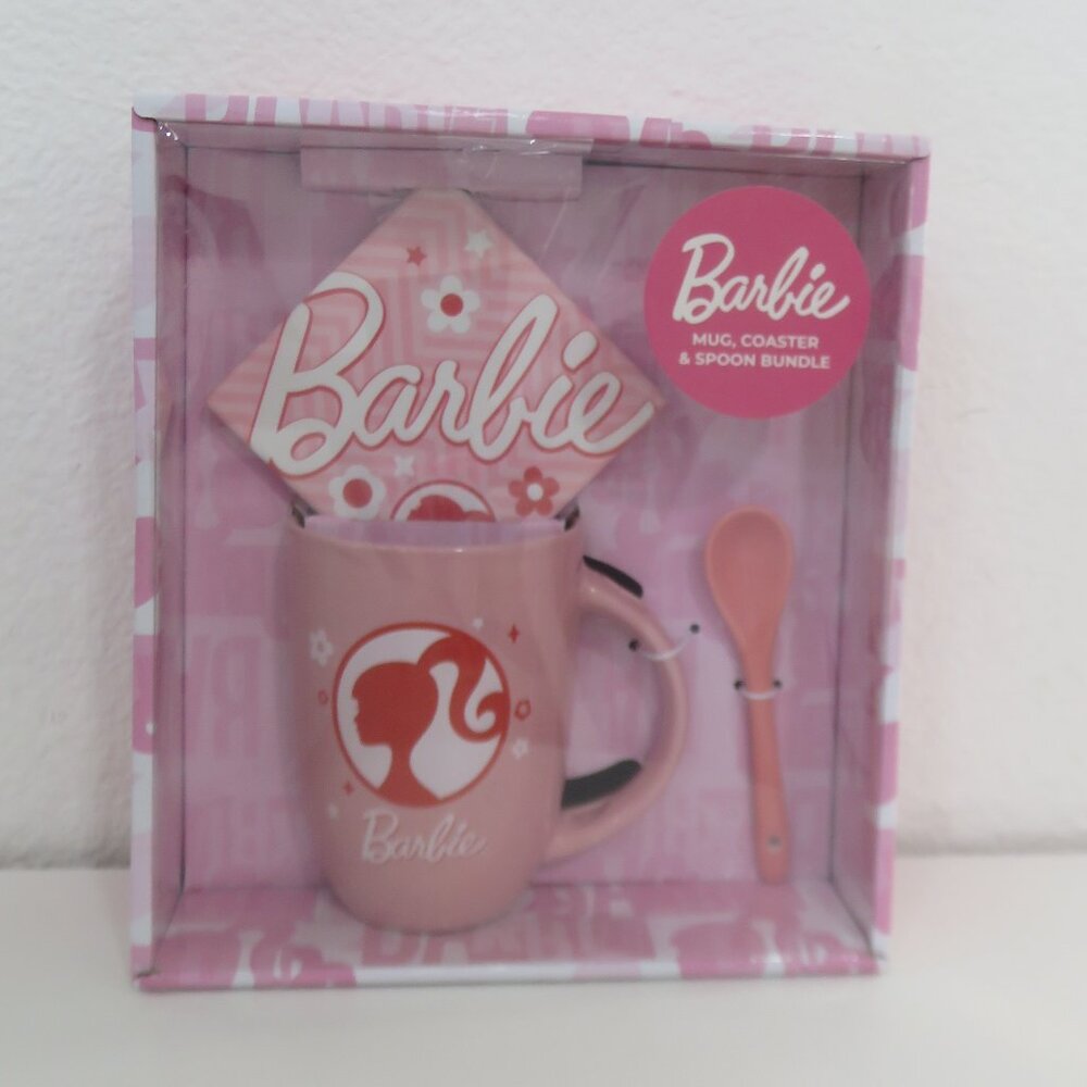 (#101) Barbie 3 Set - Mug, spoon and coaster Bundle